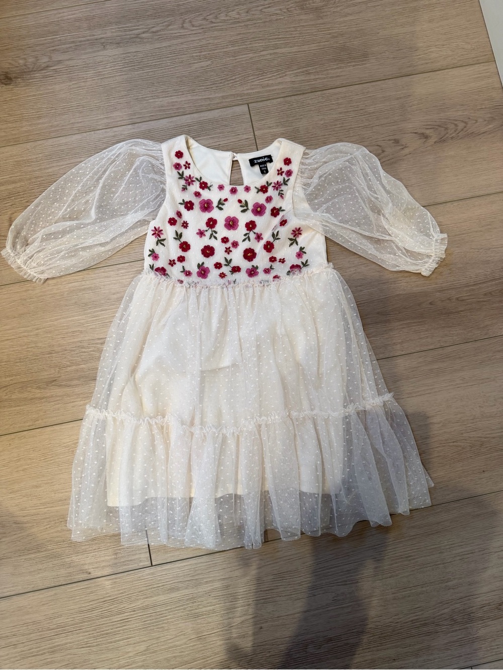 Zuni’s Cream Floral Embroidered Tulle Kids Dress
